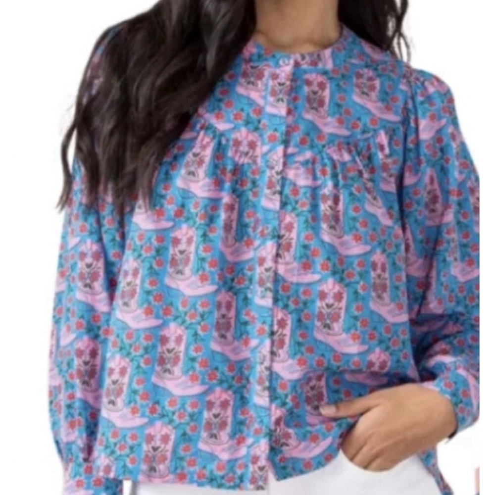 Print Fresh Cowgirl Birdie Blouse Cowboy Boot Print Top Sz L Western Rodeo